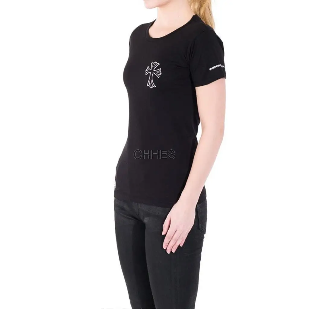 克罗心 女款圆领十字军花交叉短袖黑色Tee