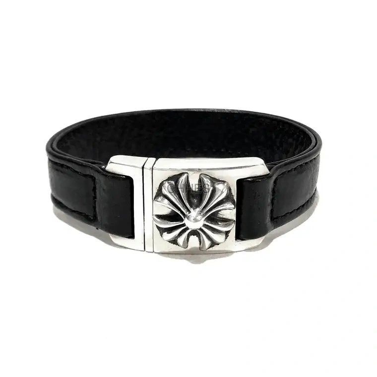 Chrome hearts 方形十字花银扣皮手链