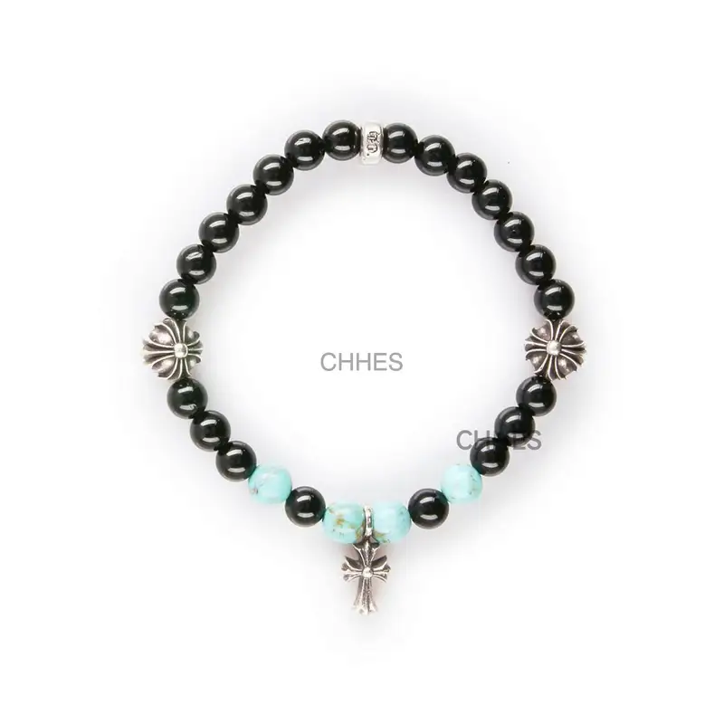 Chromehearts 克罗心 6MM天然黑曜石绿松十字架珠手链