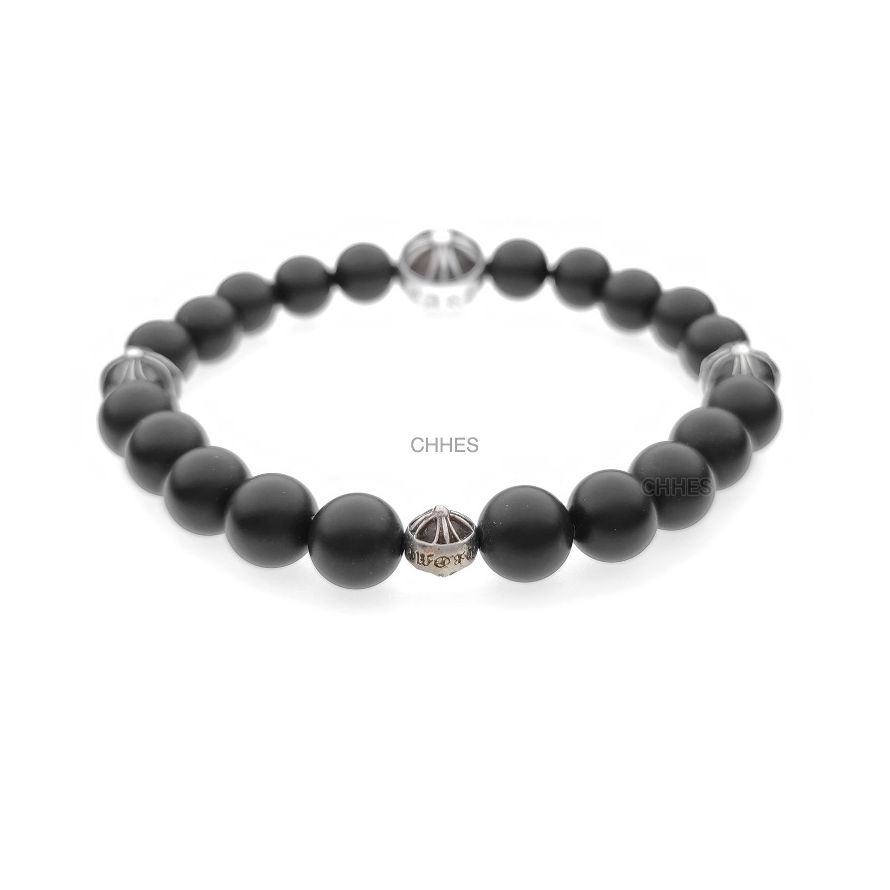 CHROME HEARTS 克罗心8MM哑光黑曜石珠4银珠手链- CHHES