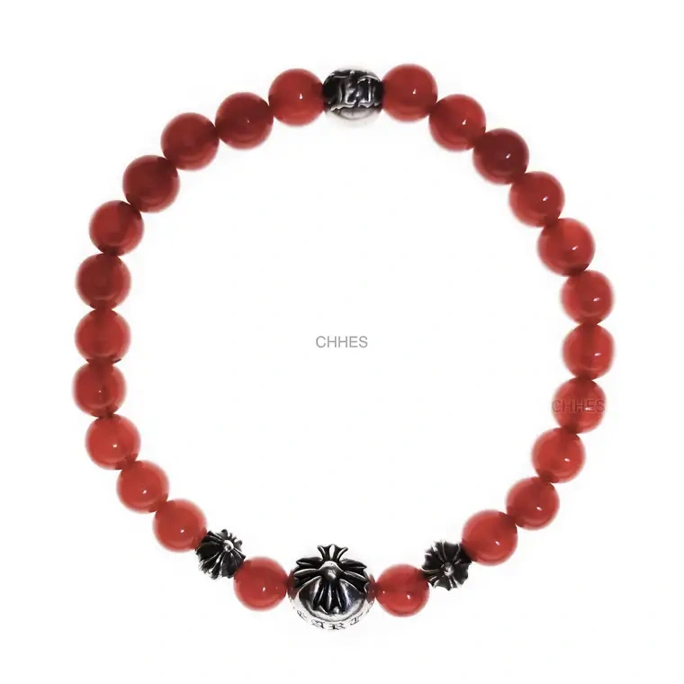Chrome hearts 克罗心 6MM红玛瑙4银十字花字母球手链