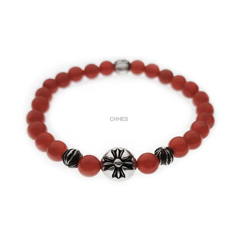 Chrome hearts 克罗心 6MM红玛瑙4银十字花字母球手链