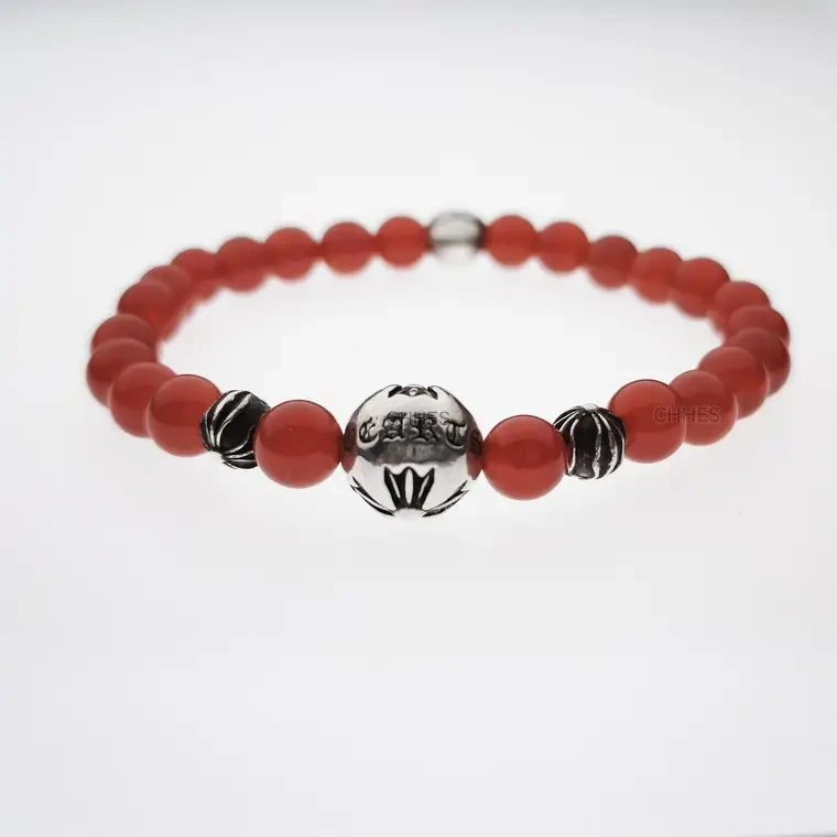 Chrome hearts 克罗心 6MM红玛瑙4银十字花字母球手链