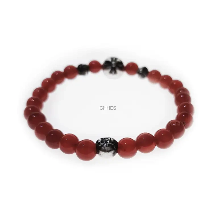 Chrome hearts 克罗心 6MM红玛瑙4银十字花字母球手链