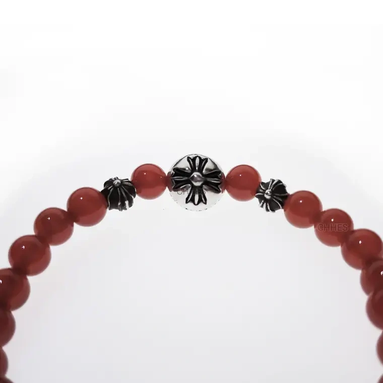 Chrome hearts 克罗心 6MM红玛瑙4银十字花字母球手链