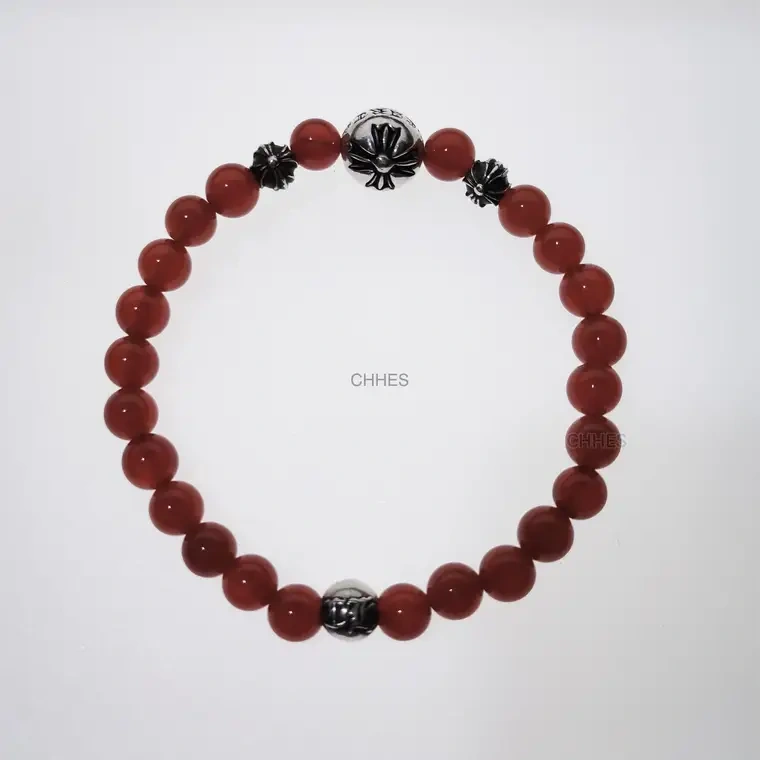 Chrome hearts 克罗心 6MM红玛瑙4银十字花字母球手链
