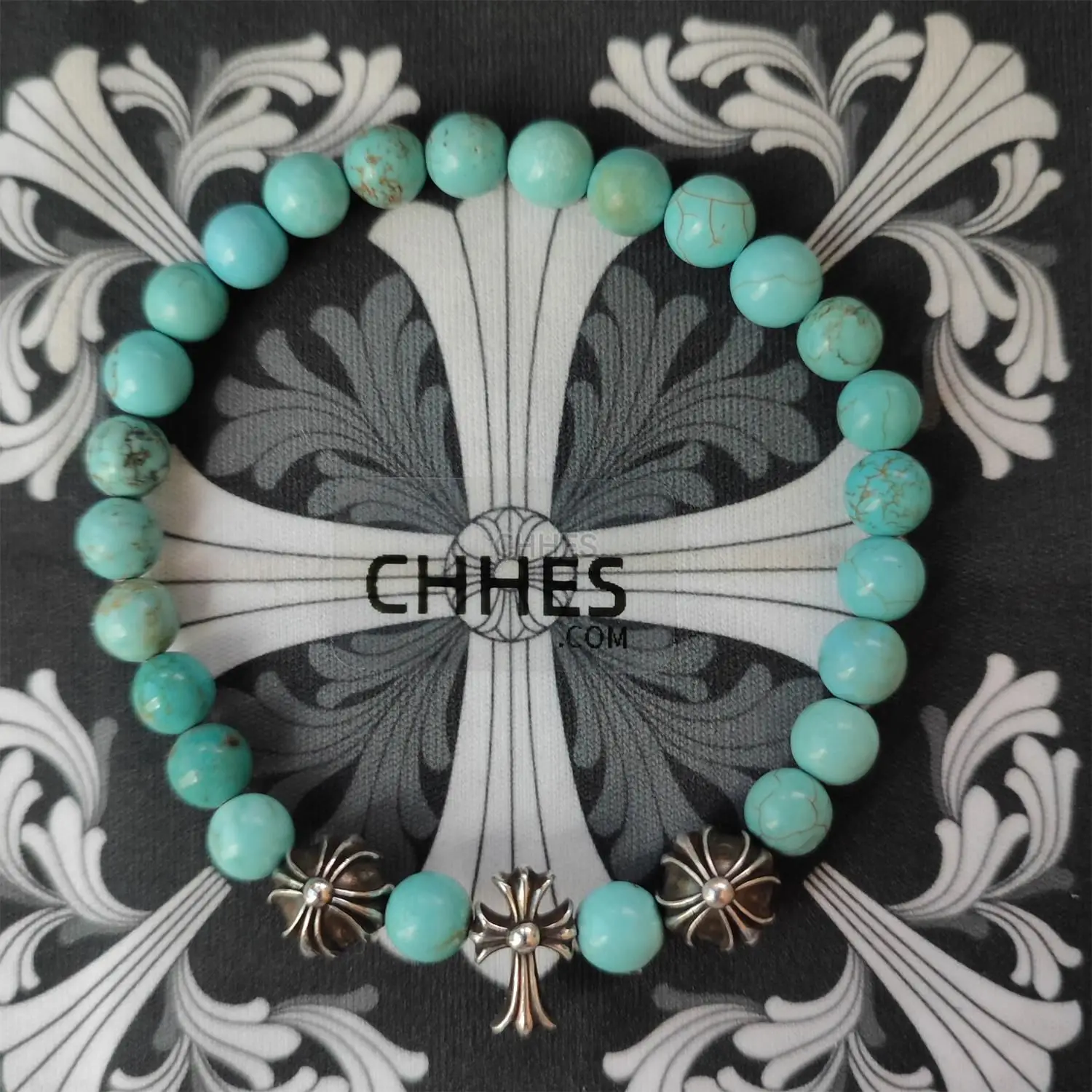 Chrome hearts 克罗心 6MM绿松石竖版十字架手链