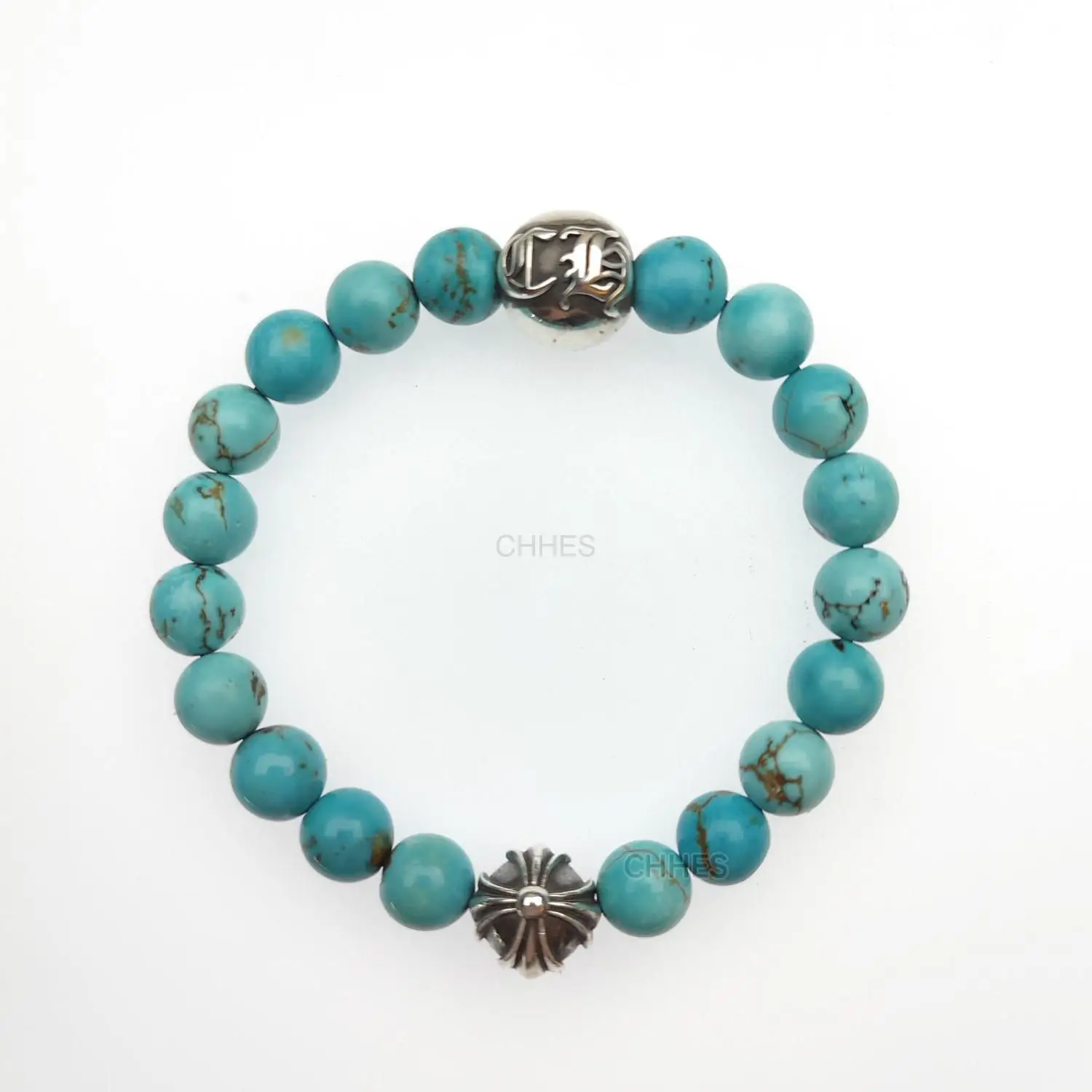 Chromehearts 克罗心 8MM天然绿松石2银珠手链