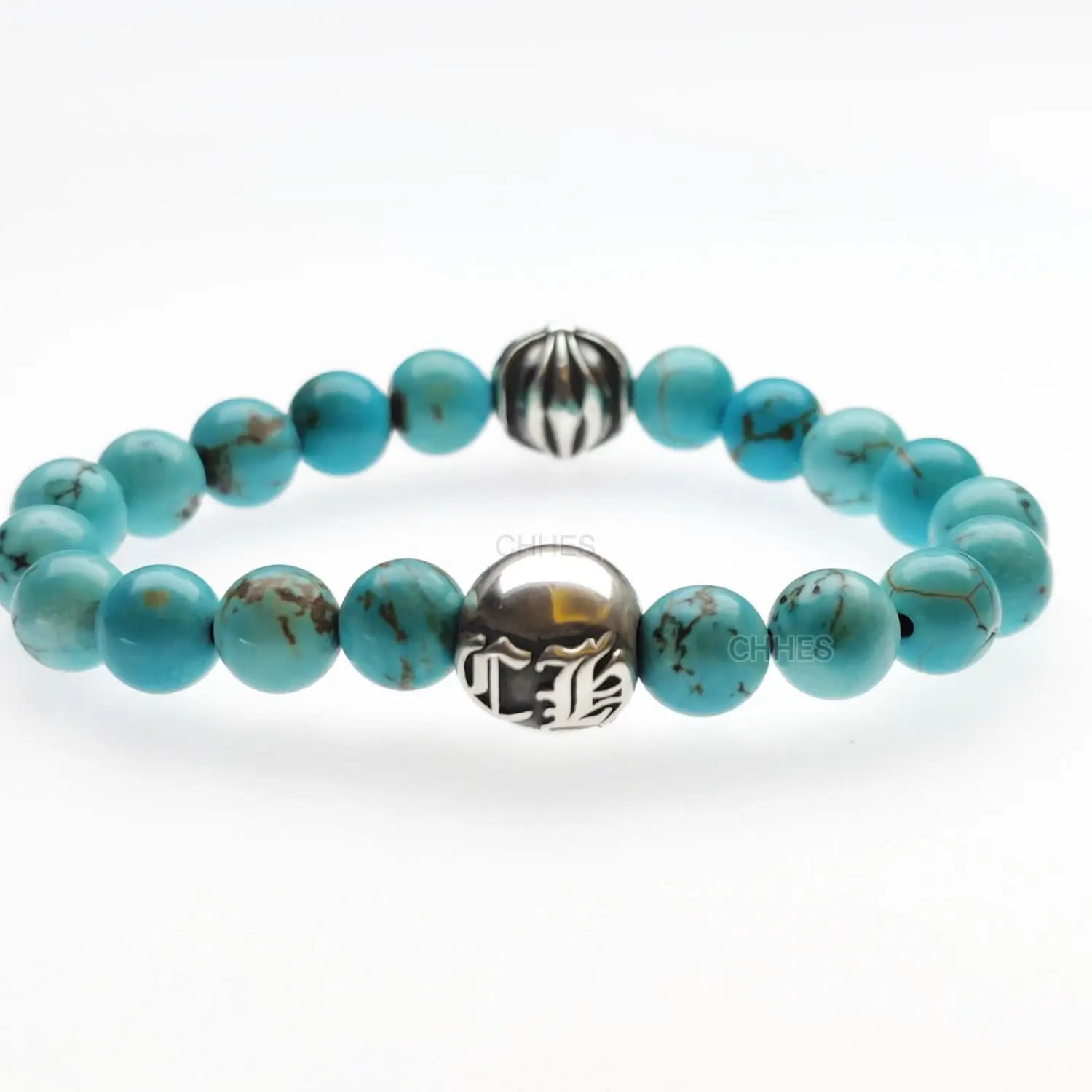 Chromehearts 克罗心 8MM天然绿松石2银珠手链