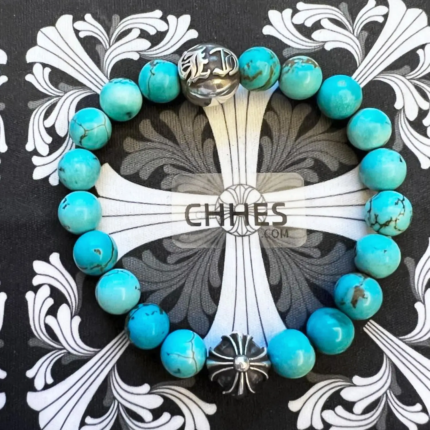 Chromehearts 克罗心 8MM天然绿松石2银珠手链
