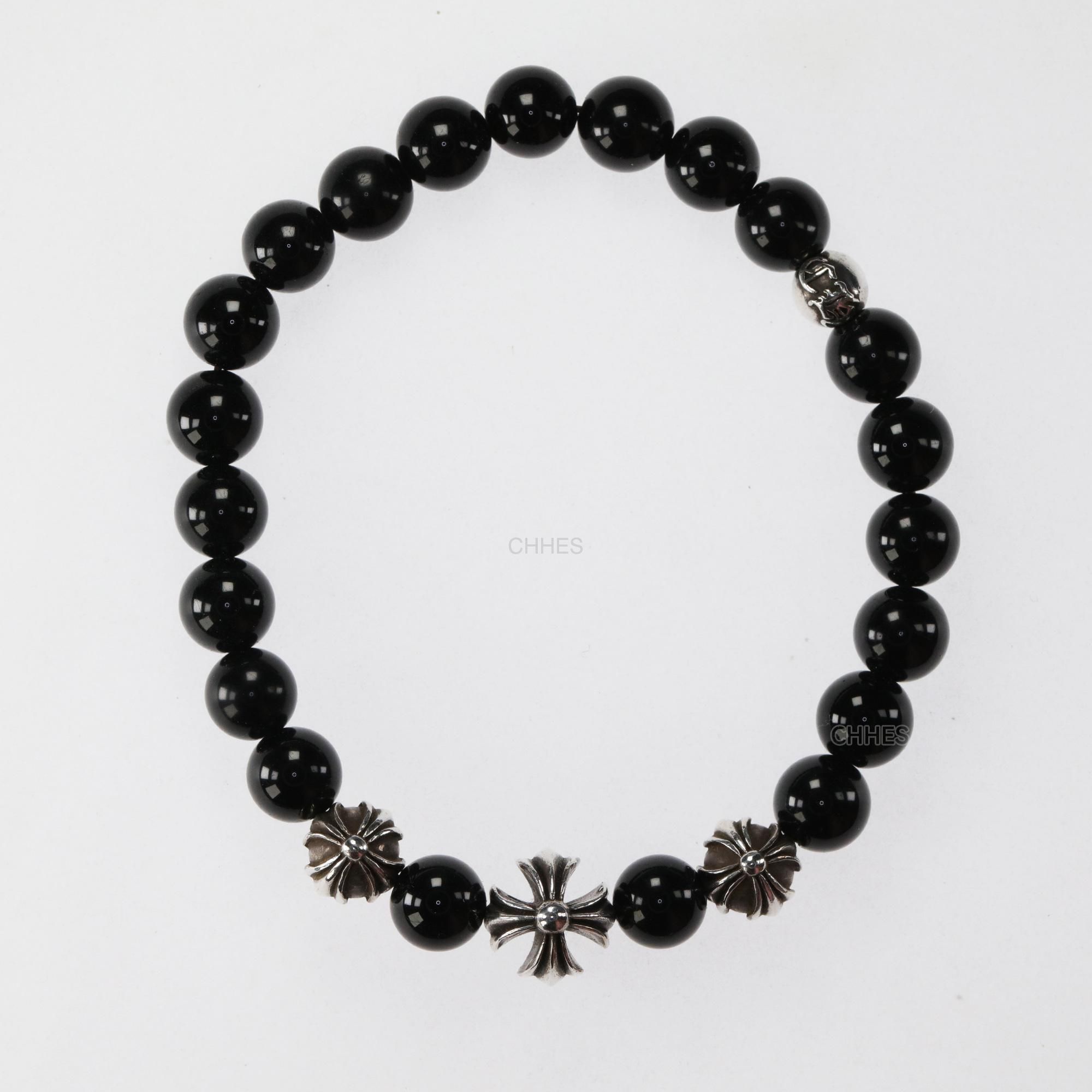 CHROME HEARTS 克罗心黑曜石十字花4银珠8MM手链- CHHES