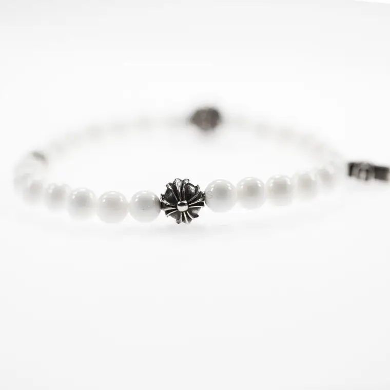 Chrome hearts 克罗心 6MM纯白珠4银十字架手链