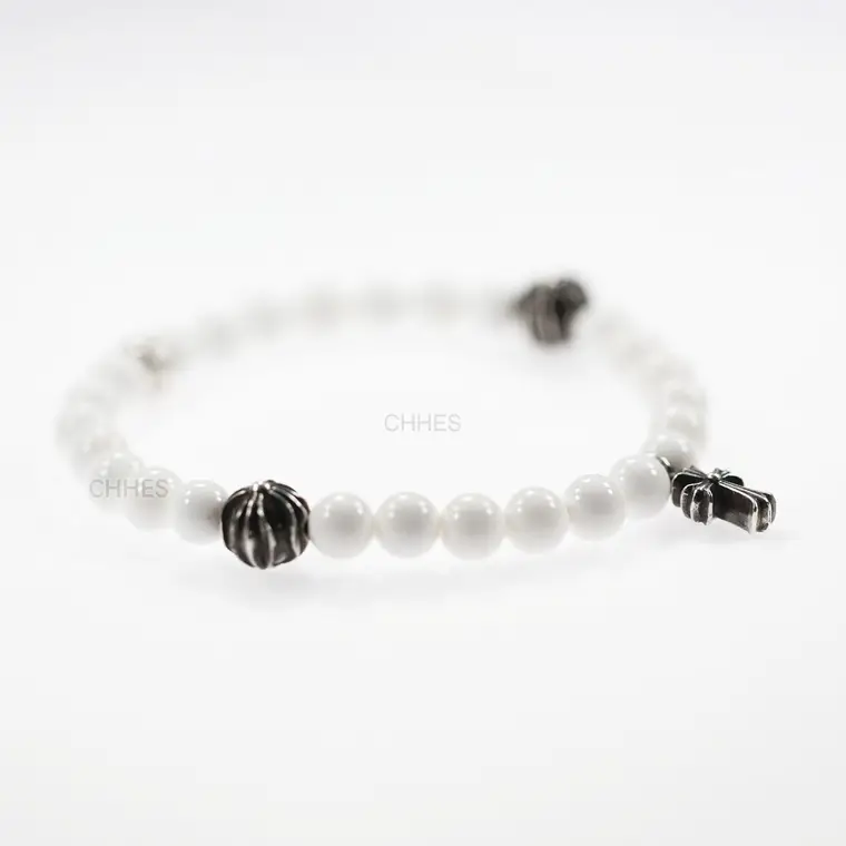 Chrome hearts 克罗心 6MM纯白珠4银十字架手链