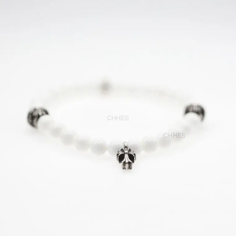 Chrome hearts 克罗心 6MM纯白珠4银十字架手链