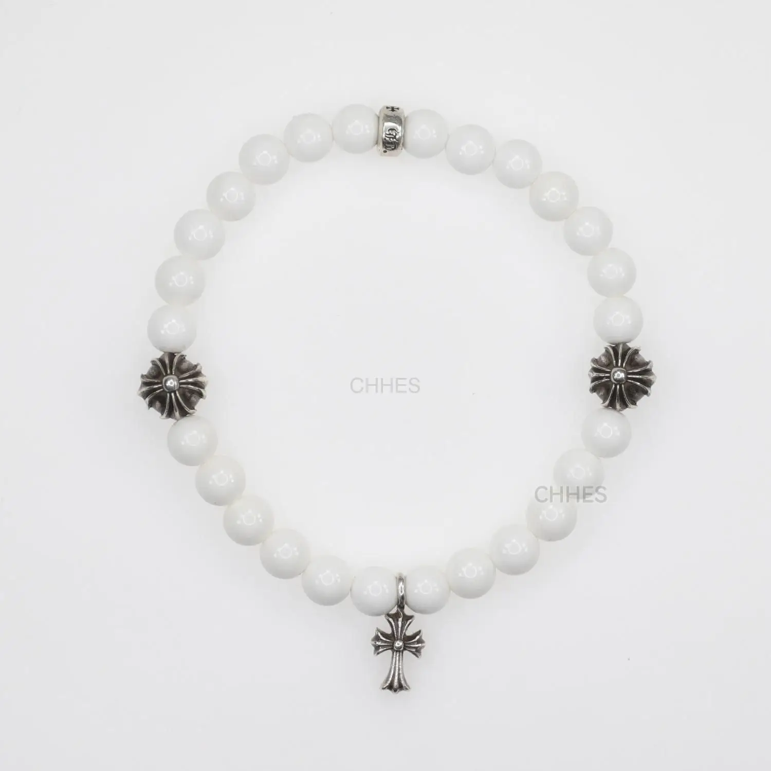 Chrome hearts 克罗心 6MM纯白珠4银十字架手链