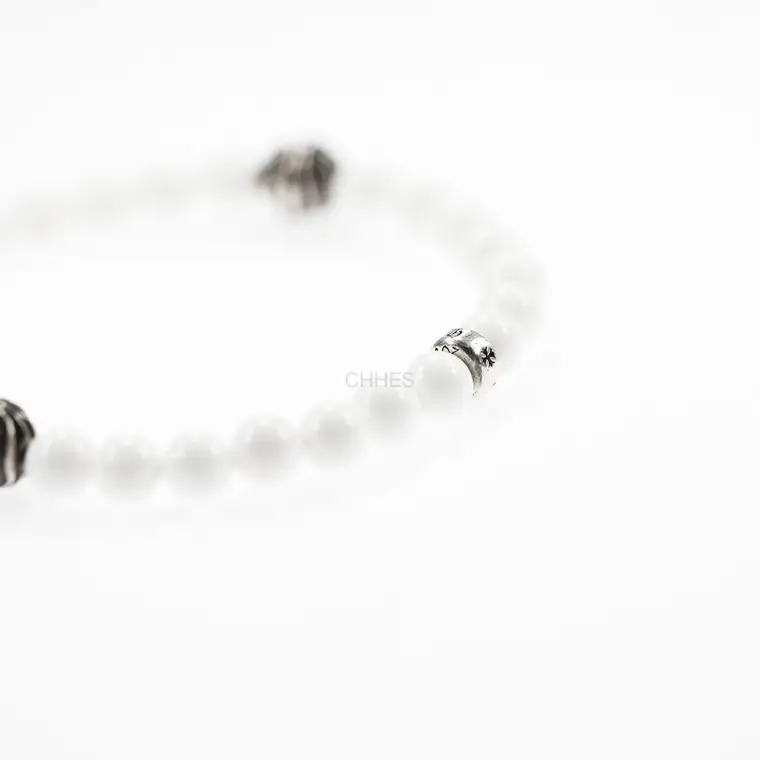 Chrome hearts 克罗心 6MM纯白珠4银十字架手链