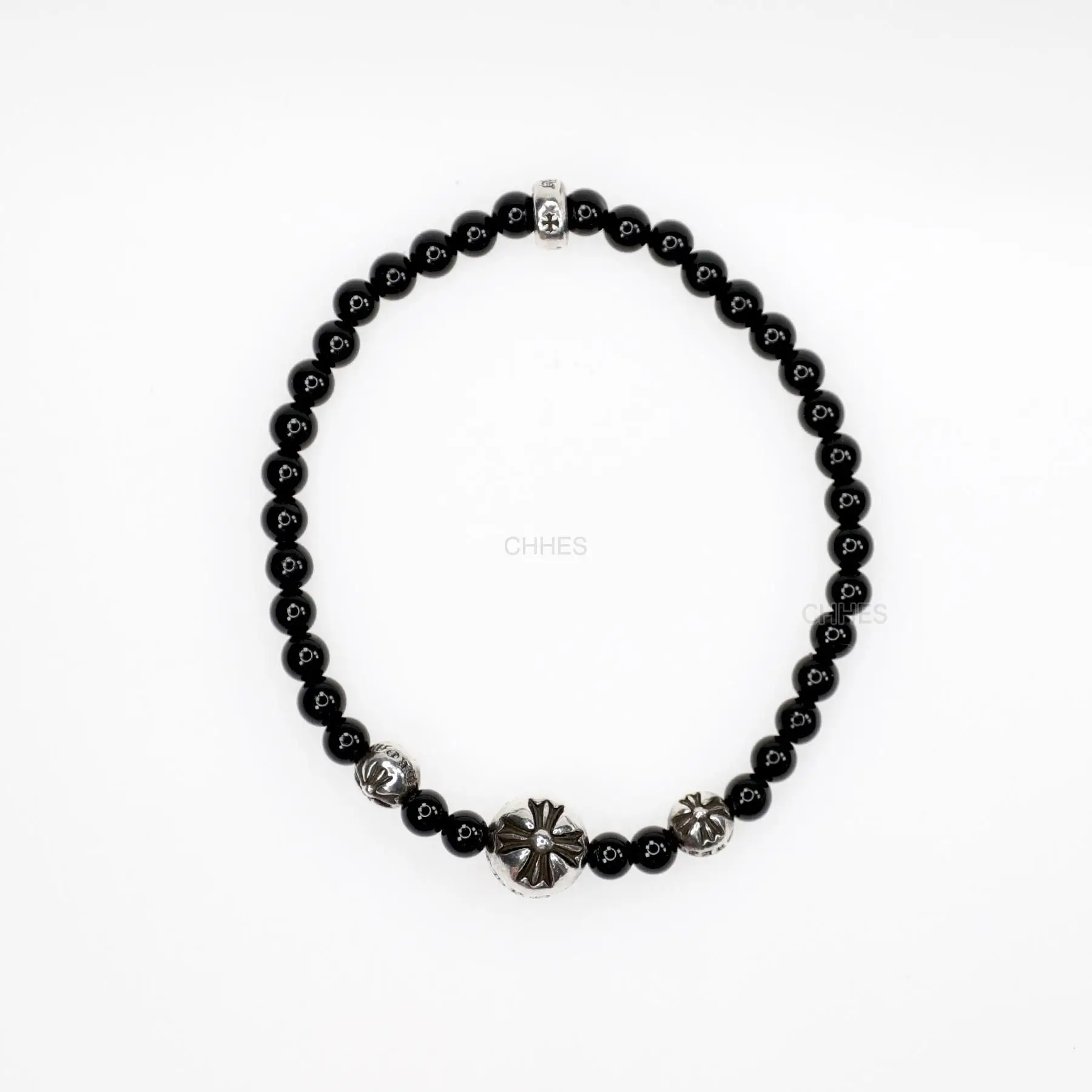 Chrome hearts 克罗心 4MM黑曜石十字花球4银手串