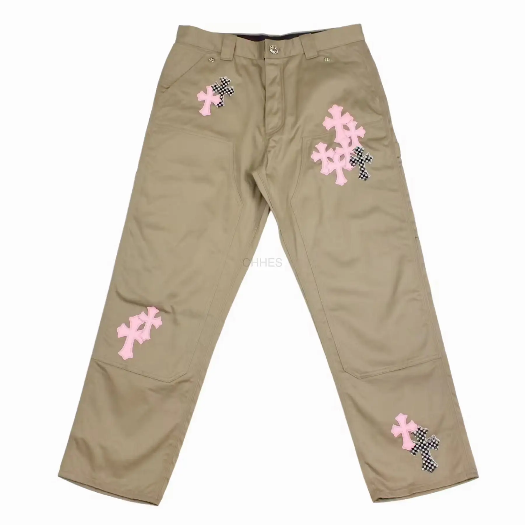 Chrome hearts 克罗心 棋盘 & 卡其色樱花粉十字贴皮工装裤