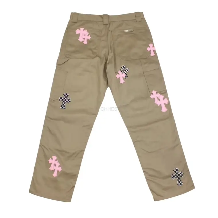 Chrome hearts 克罗心 棋盘 & 卡其色樱花粉十字贴皮工装裤