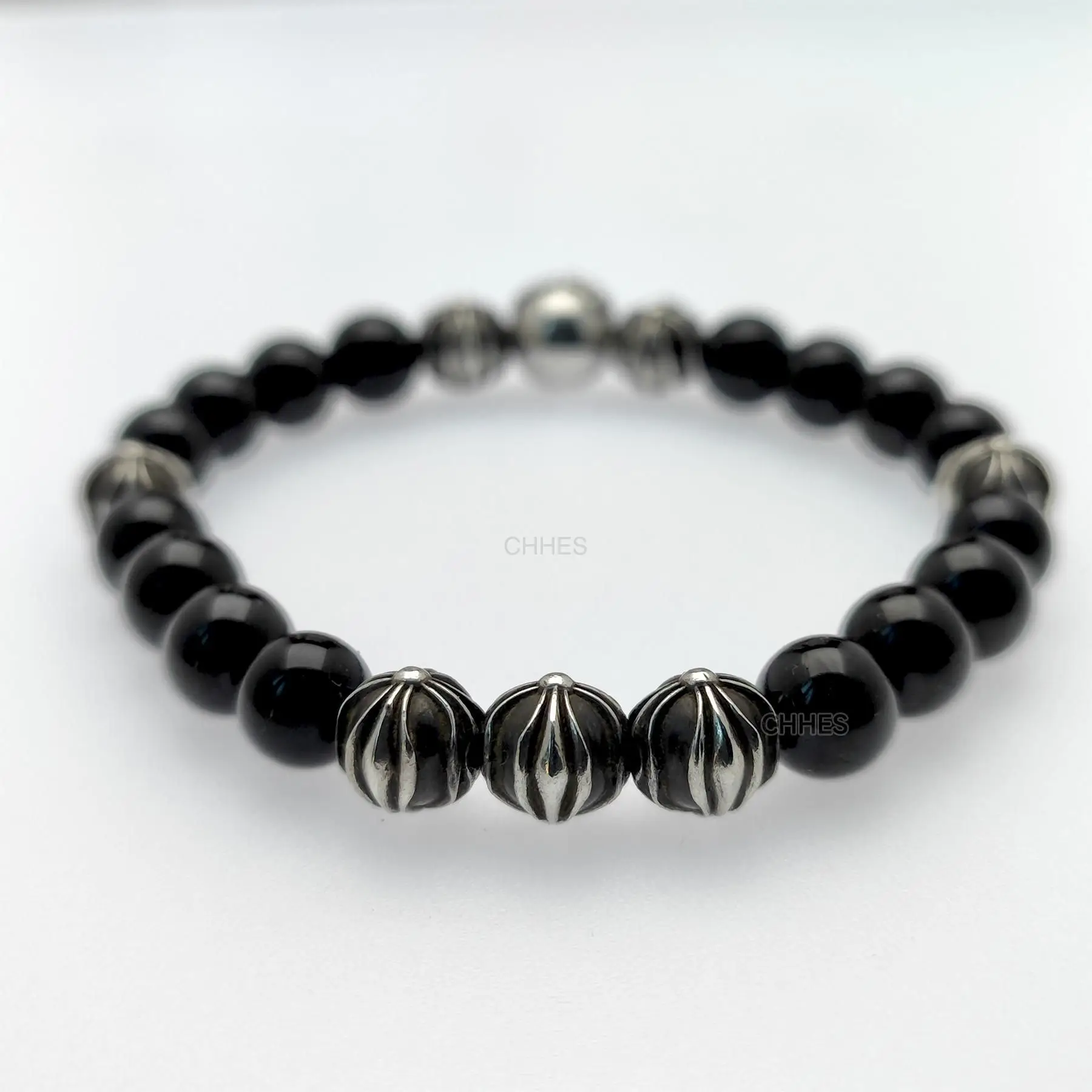 Chromehearts 克罗心 8MM黑曜石8银珠手链