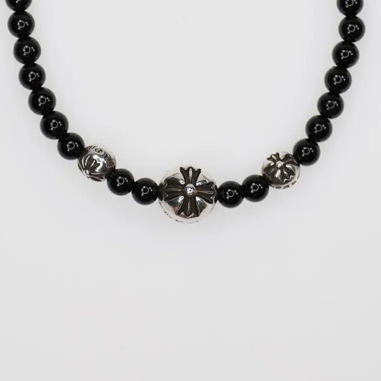 Chrome hearts 克罗心 4MM黑曜石十字花球4银手串