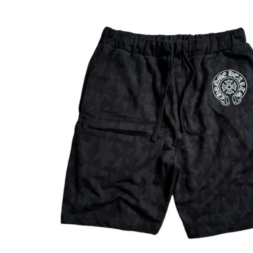 Chrome hearts 克罗心 SS24 暗纹 LOGO 印花抽绳系带休闲短裤 黑色
