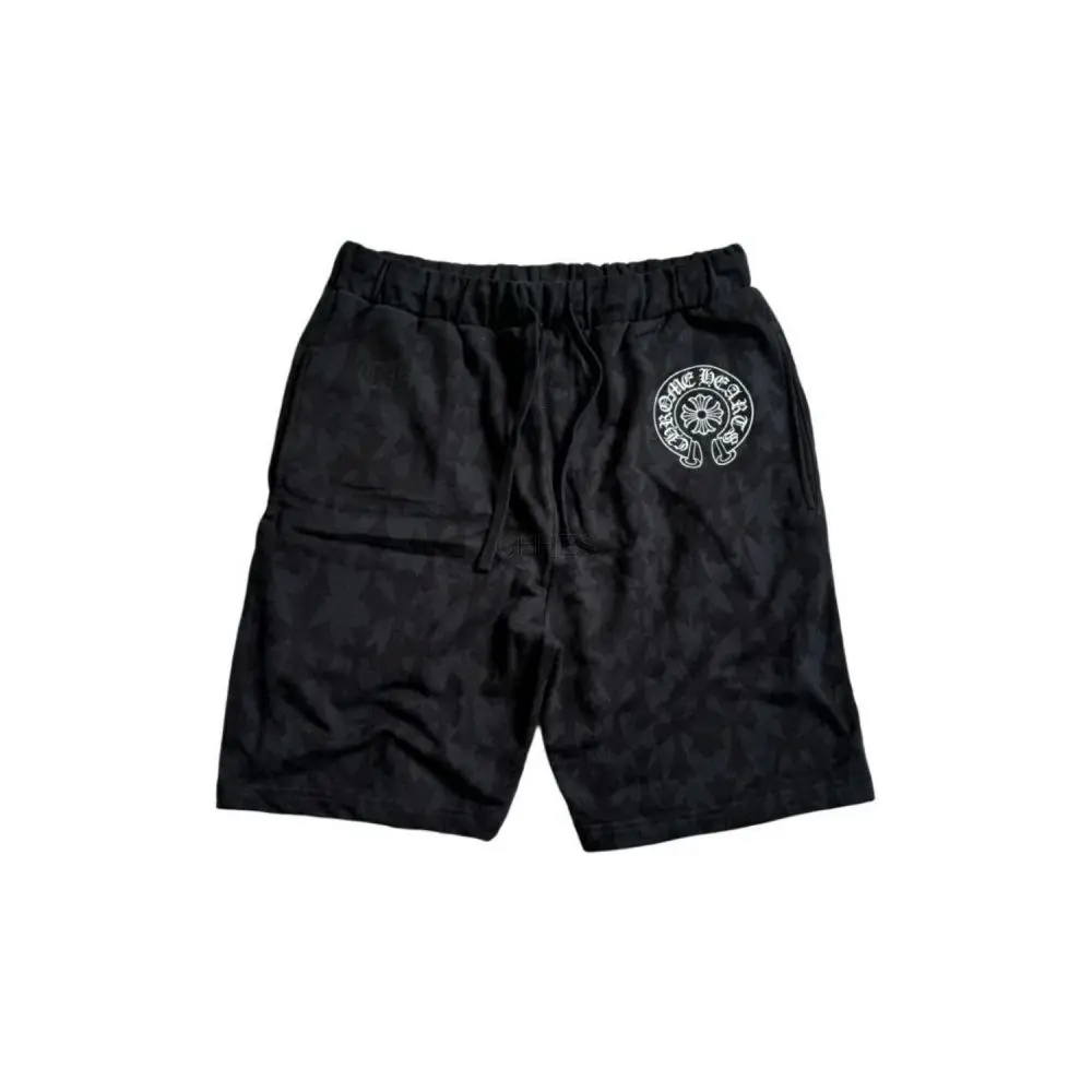 Chrome hearts 克罗心 SS24 暗纹 LOGO 印花抽绳系带休闲短裤 黑色