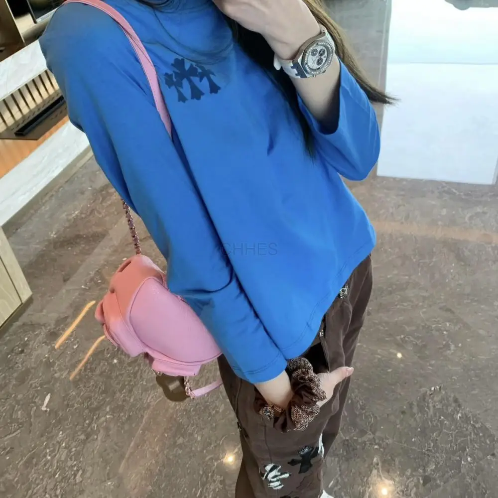 克罗心Chrome hearts 新款蓝色三十字植绒印长袖S码现货