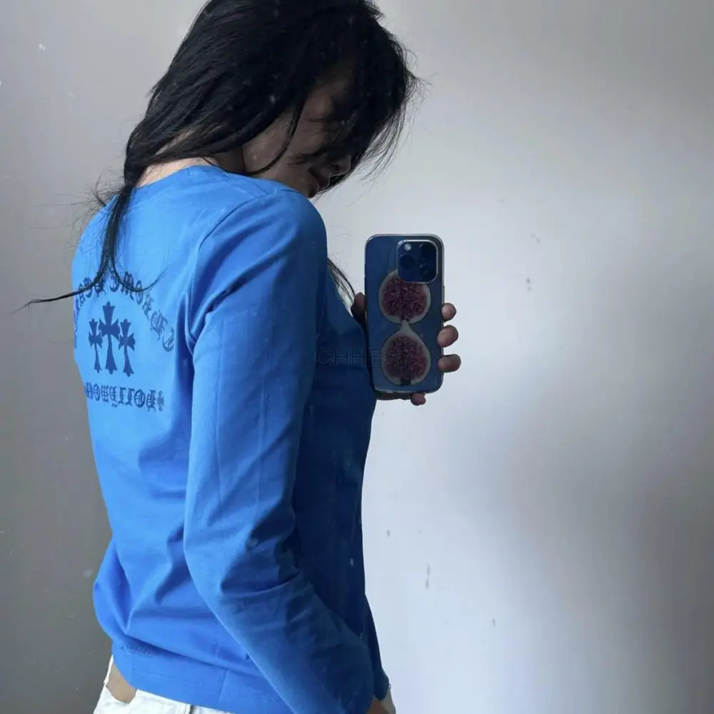 克罗心Chrome hearts 新款蓝色三十字植绒印长袖S码现货