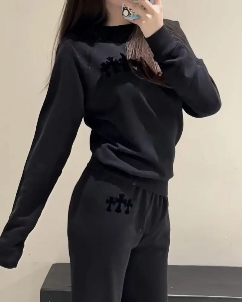 克罗心Chrome hearts  黑色三十字植绒印卫衣S码现货