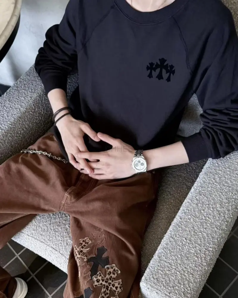 克罗心Chrome hearts  黑色三十字植绒印卫衣S码现货