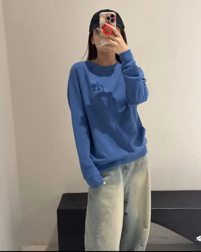 克罗心Chrome hearts  蓝色三十字植绒印卫衣xs号s号M号现货