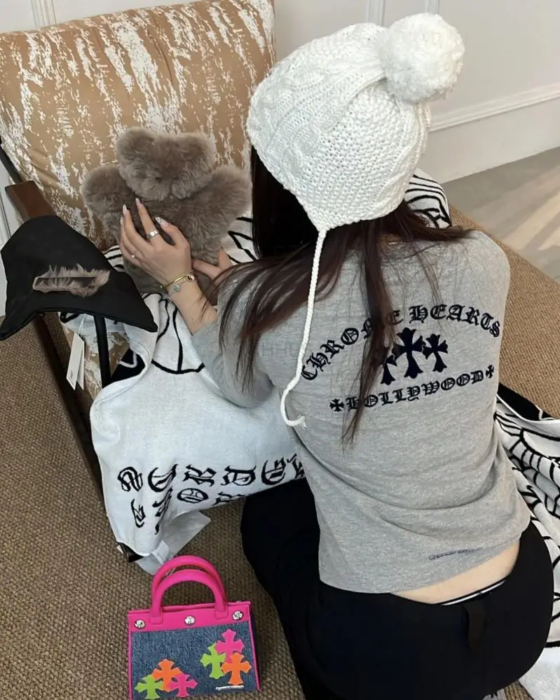 克罗心 Chrome hearts 灰色三十字植绒印长袖体恤7分袖S码现货