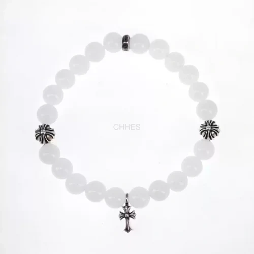 克罗心 Chromehearts  8MM白玛瑙4银半透十字架手链
